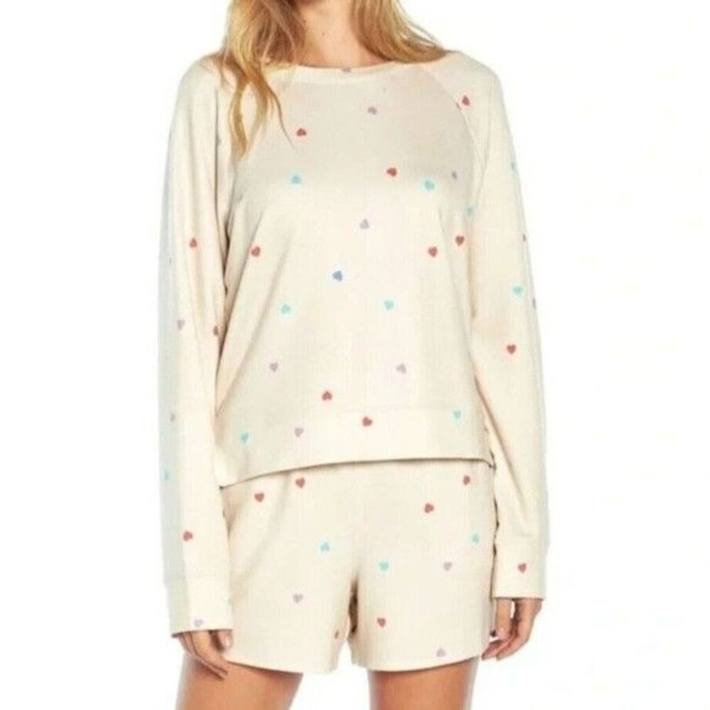 Wildfox Womens Relaxed Fit Super Soft Sweatshirt And Short‎ Lounge Set L Cream
